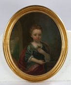 English School (late 18th/early 19th century) Oval portrait of a young girl holding a flower,  oil