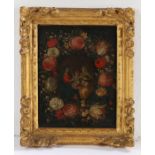 Flemish School (17th century) Holy family within floral wreath, oil on copper, labelled verso, 24.