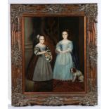 J. Raynolds (18th century style) Portrait of two young girls and a dog, full height, signed (lower-