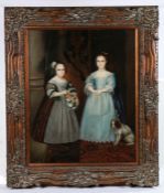 J. Raynolds (18th century style) Portrait of two young girls and a dog, full height, signed (lower-