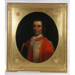 English School (late 18th century) Portrait of an officer, oval, with silk scarf and red tunic,