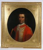 English School (late 18th century) Portrait of an officer, oval, with silk scarf and red tunic,