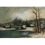 E.U. Rose (late 19th century) Naïve snow scene with village and mountain beyond, signed & dated 30/