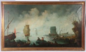 Dutch School (18th century) Panoramic coastal scene, fishermen bringing in the catch and various