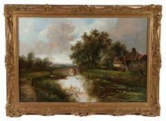 Joseph Thors (British, fl. 1863-1900) River landscape with figure, bridge and cottage, signed (