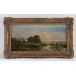 Norwich School (19th century) Panoramic landscape with cottages and watering cattle, unsigned, oil