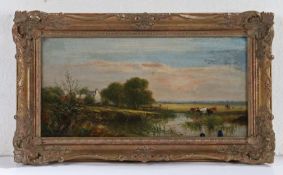 Norwich School (19th century) Panoramic landscape with cottages and watering cattle, unsigned, oil