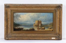 British School (19th century) Panoramic loch scene with castle, possibly Urquhart Castle on Loch