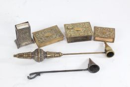 Four Edwardian matchbox holders, two candle snuffers (6)
