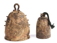 Two Chinese bronze bells, the first archaistic form the second with a serpent handle and phoenix