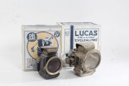 Lucas Silver King bicycle light, Powell & Hanmer "Referee" bicycle light, two facsimile bicycle