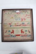 Needlework sampler, by Alice Miller age 11, with alphabet and numbers, framed and glazed, 34cm wide,