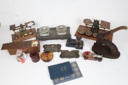 Desk accessories, to include two sets of postal scales and weights, desk stand, letter embosser,