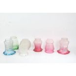 Seven frosted and clear glass lamp shades, to include three puce and frosted foliate decorated