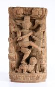 19th Century Indian wooden relief carved panel, depicting Shiva above attendants, 41cm high x 21cm