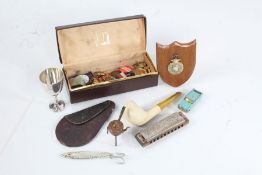 Mixed items to include a Dunhill pipe box with military pips, badges, P&O egg cup, bijouterie