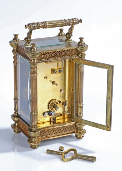 French gilt brass carriage clock, early 20th Century, the reeded swing handle above a bevelled - Image 2 of 2