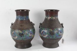 Pair of Chinese bronzed and cloisonne vase, Qing dynasty, the baluster body with bands of brightly
