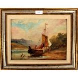 Late 19th century Oil on board scene depicting Barmouth Estuary (? Thompson) with a small boat
