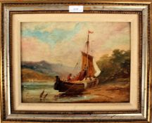 Late 19th century Oil on board scene depicting Barmouth Estuary (? Thompson) with a small boat