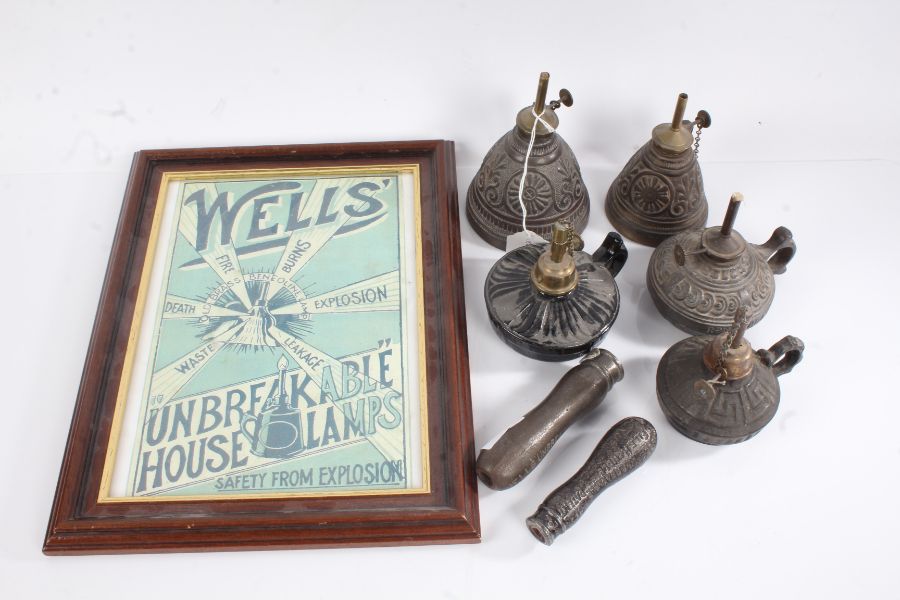 Two A.C. Wells Unbreakable lamps, three similar lamps, two A.C. Wells Unbreakable file handles (7)