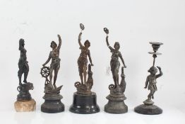 Five various spelter figures, to include an industrial lady and gentleman, some probably French,