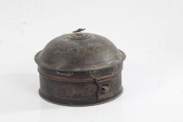 George III toleware spice box, the domed lid with carrying handle and clasp opening to reveal six