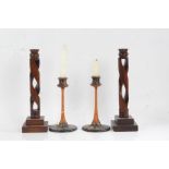Pair of oak candlesticks with pierced scrolled stems, 30.5cm high, pair of foliate decorated