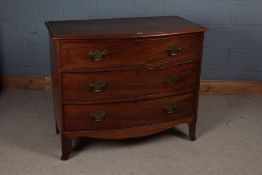 George III Mahogany Bow Fronted Chest of 3 long draws with swan neck handles raised on bracket feet,