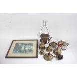 Collection of brass, glass and other lamps, to include a print depicting an interior scene with very