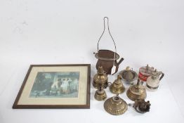 Collection of brass, glass and other lamps, to include a print depicting an interior scene with very