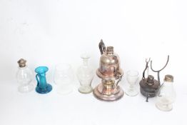Silver plated brandy warmer, silver plated kettle and stand with burner, two ecclesiastical glass