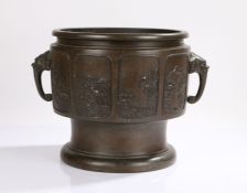 Chinese bronze censer, Qing dynasty, 19th Century, with elephant mask handles and eight panels