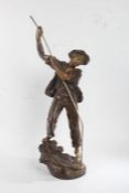 Tall 20th century spelter figure, highlighted in gilt, signed to base (AF)