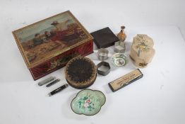 Mixed works of art, to include a glass perfume bottle in fitted case, a Victorian leather box and