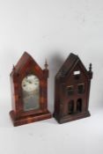 19th century American mantel clock, of gothic architectural form, 40cm tall, together with one other