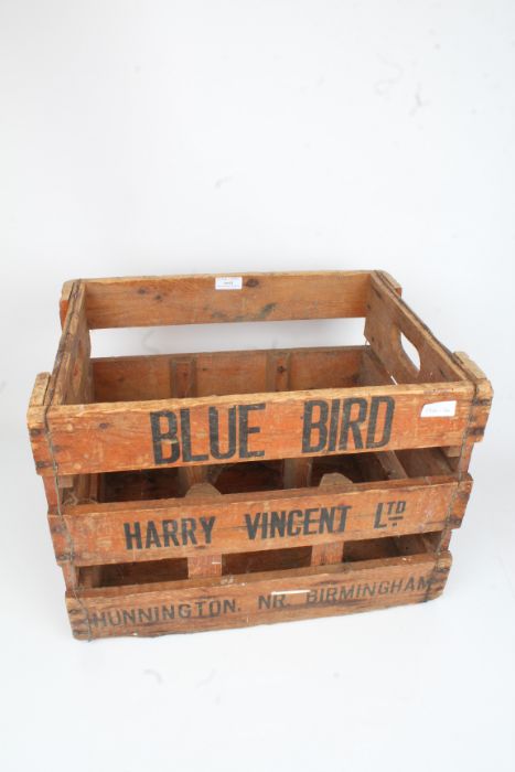 Wooden bottle crate inscribed "BLUE BIRD HARRY VINCENT LTD HUNNINGTON NR. BIRMINGHAM", 45cm wide