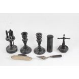 Ebony dressing table set consisting of manicure set and stand, pair of candlesticks, jewellery