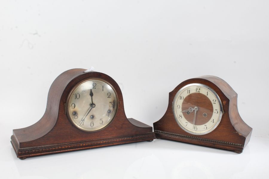 Mid 20th Century oak Napoleon hat mantel clock, the silver dial with Arabic numerals, 42cm wide, oak