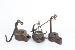 Three hanging oil lamps, to include example in the form of a kettle (3)