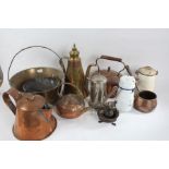 Copper, brass and metalware, to include brass and copper coffee pot, three copper kettles, copper