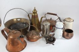 Copper, brass and metalware, to include brass and copper coffee pot, three copper kettles, copper