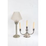 Candlestick with frosted glass shade above a pierced top section, cylindrical stem and stepped foot,