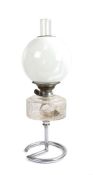 Best British Make oil lamp, with clear glass chimney and white glass globe form shade above a