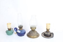Alformant brass oil lamp, two hand oil lamps, small blue painted oil lamp (4)