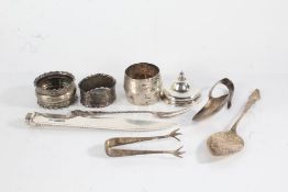Silver, various dates and makers, to include napkin rings, dressing table pot lid, preserve spoon,