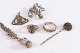 Collection of silver and white metal to include signet ring, bracelet, stick pin, brooch ect, 43.4
