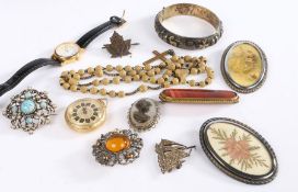 Collection of costume jewellery to include gilt pocket watch, brooches, beaded necklaces ect (Qty)