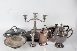 Collection of silver plated ware, to include tureen and cover, three branch candelabra, cased set of