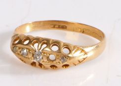 18 carat gold ring, the head set with four diamonds (one stone missing), ring size P, 2g